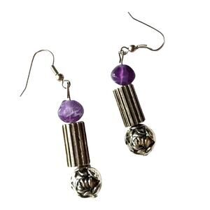 Unique silver tone and purple accent fish hook earrings